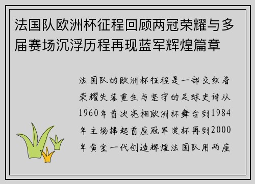 法国队欧洲杯征程回顾两冠荣耀与多届赛场沉浮历程再现蓝军辉煌篇章