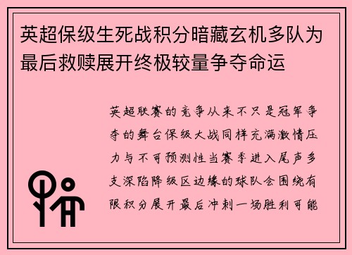 英超保级生死战积分暗藏玄机多队为最后救赎展开终极较量争夺命运
